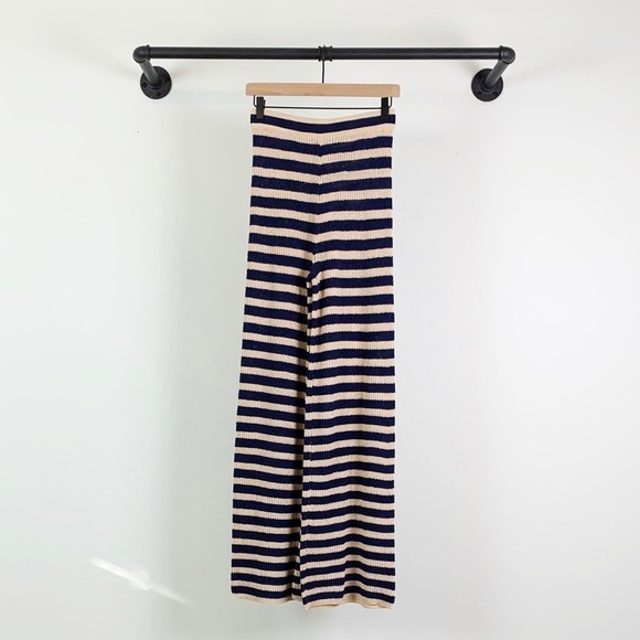 NWT Anthropologie Flat White High Rise Wide Leg Striped Flare Pants Tan/Navy - Picture 4 of 6